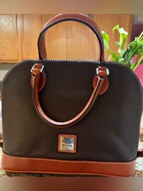Dooney & Bourke Pebble Grain Satchel, classic brown (espresso) with tan trim.